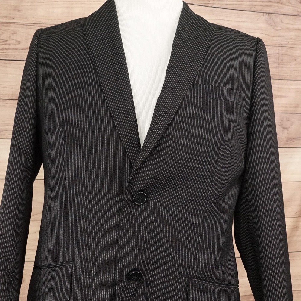 H&M Suit Jacket Mens 38R Black Pinstripe Polyester Rayon Lined 2 Button Notch